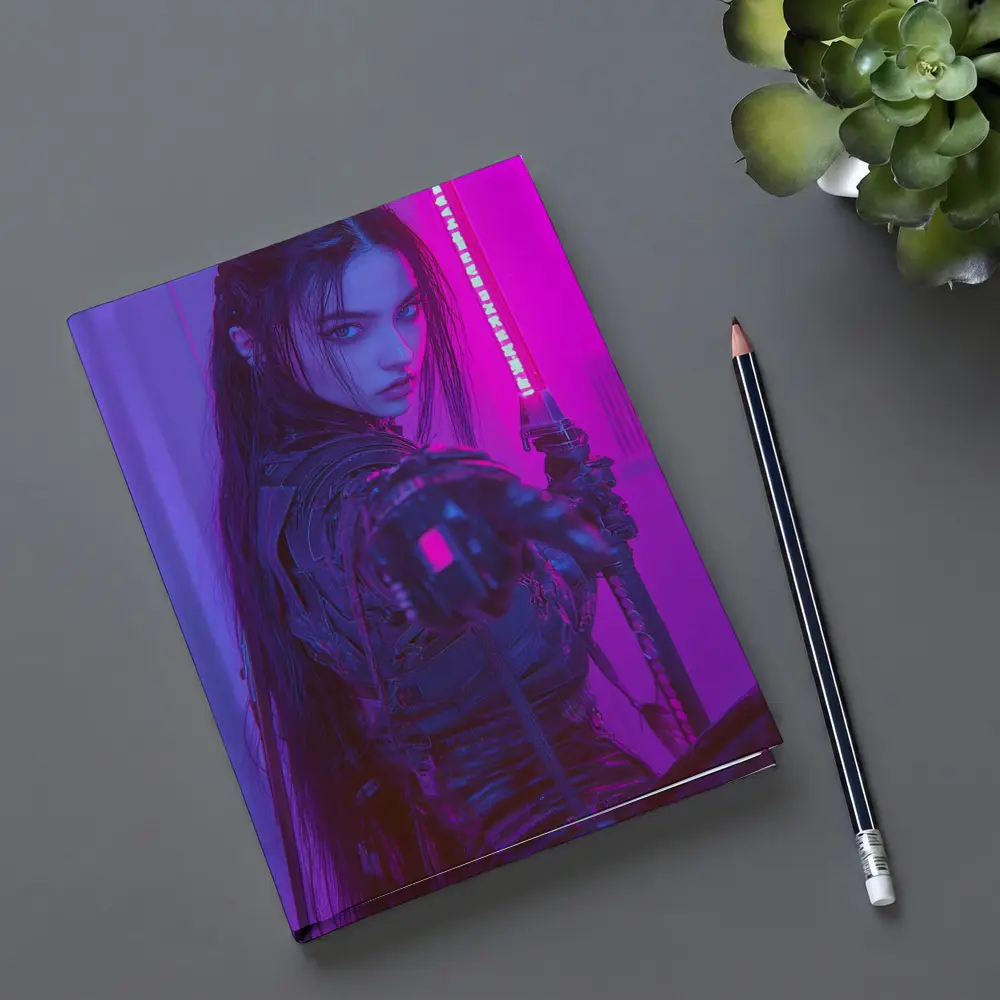Cyberpunk Warrior Woman Neon Purple Light – Notebooks