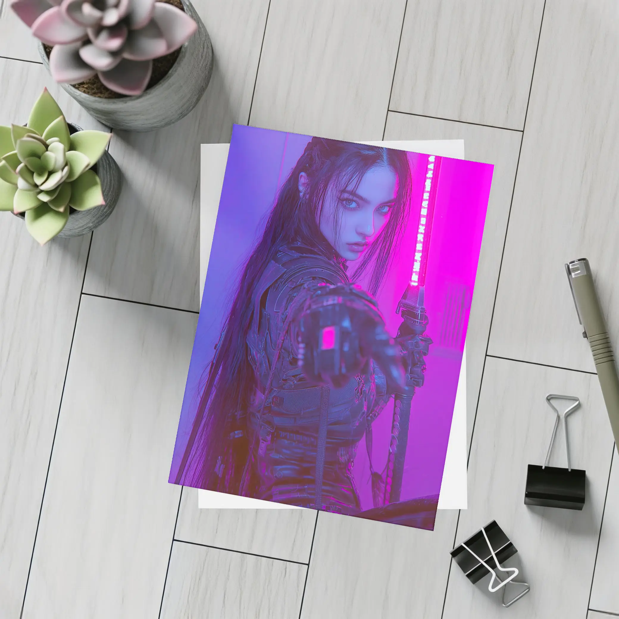 Cyberpunk Warrior Woman Neon Purple Light – Postcards