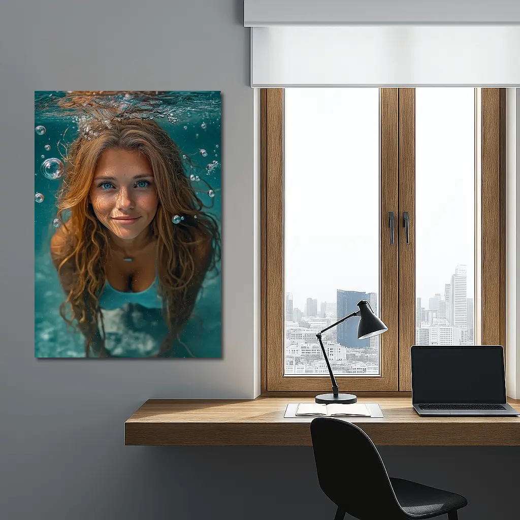 Young Woman Swimming Underwater Blue Pool – Wall Art