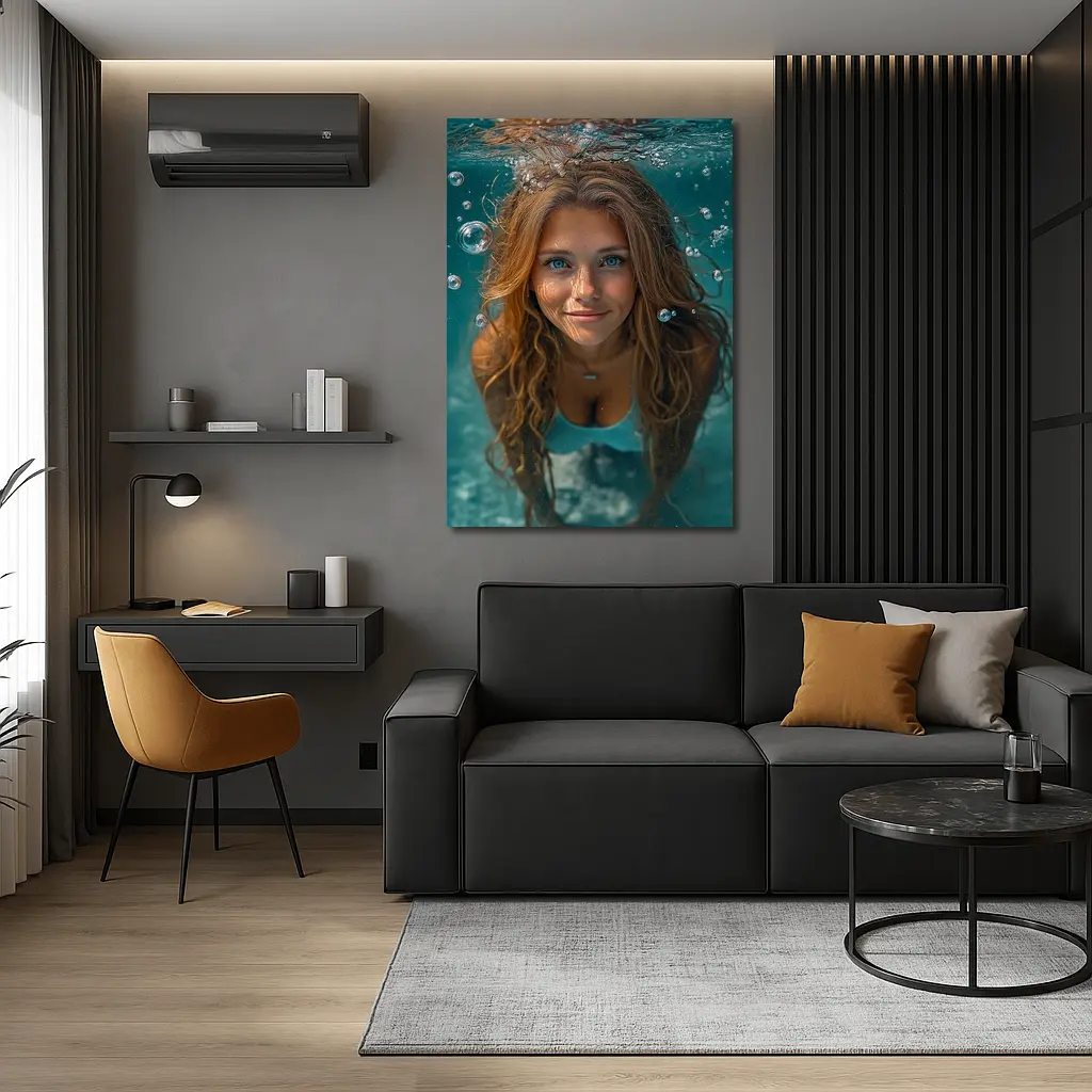 Young Woman Swimming Underwater Blue Pool – Wall Art