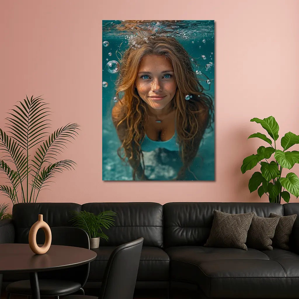 Young Woman Swimming Underwater Blue Pool – Wall Art