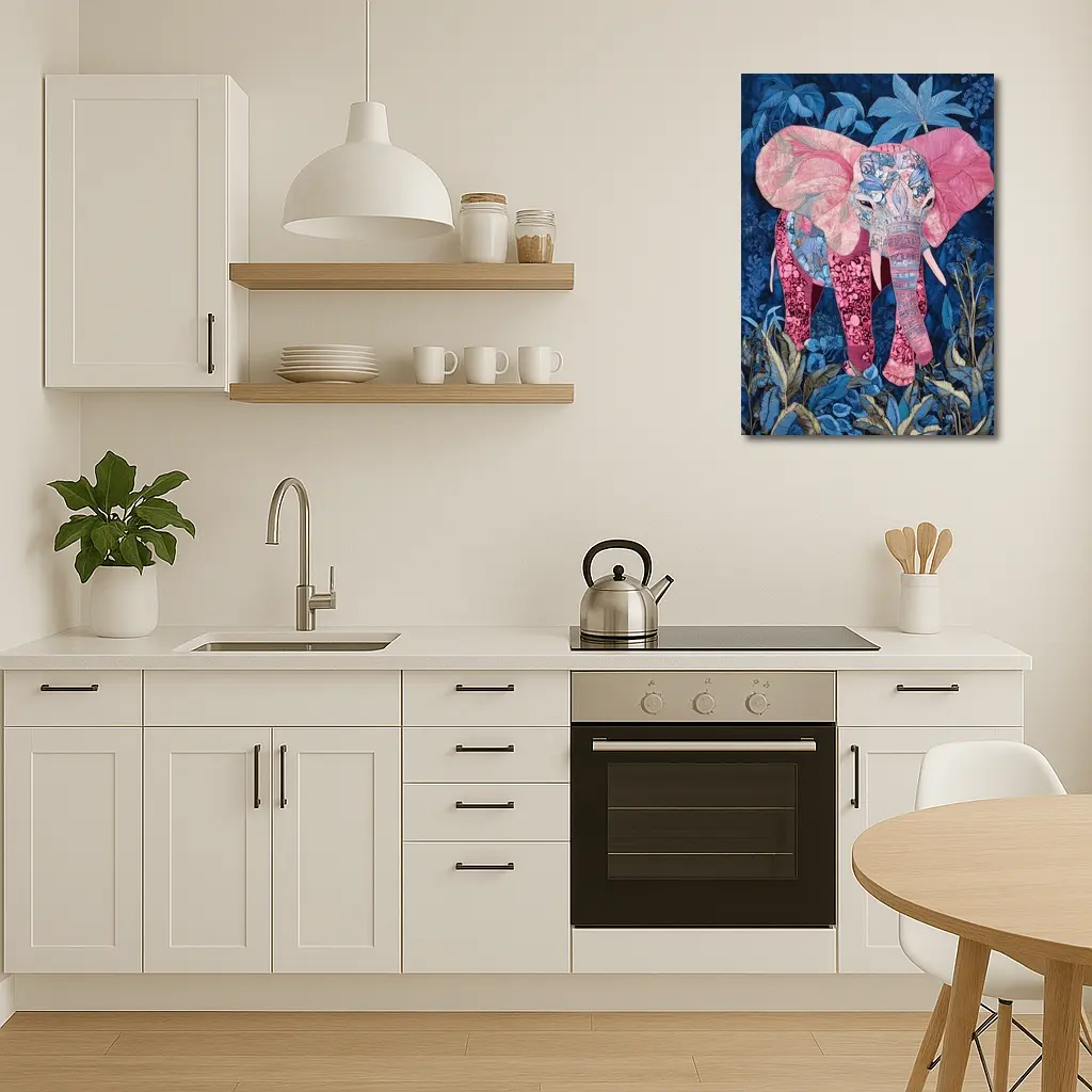 Pink Elephant Patchwork Art Blue Tropical Jungle – Wall Art