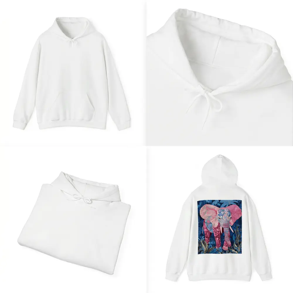 Pink Elephant Patchwork Art Blue Tropical Jungle – Hoodies