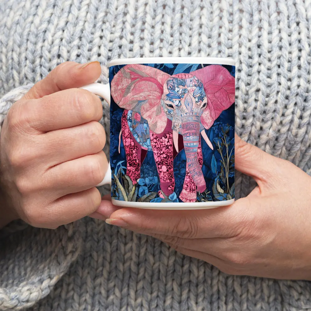 Pink Elephant Patchwork Art Blue Tropical Jungle – Mugs