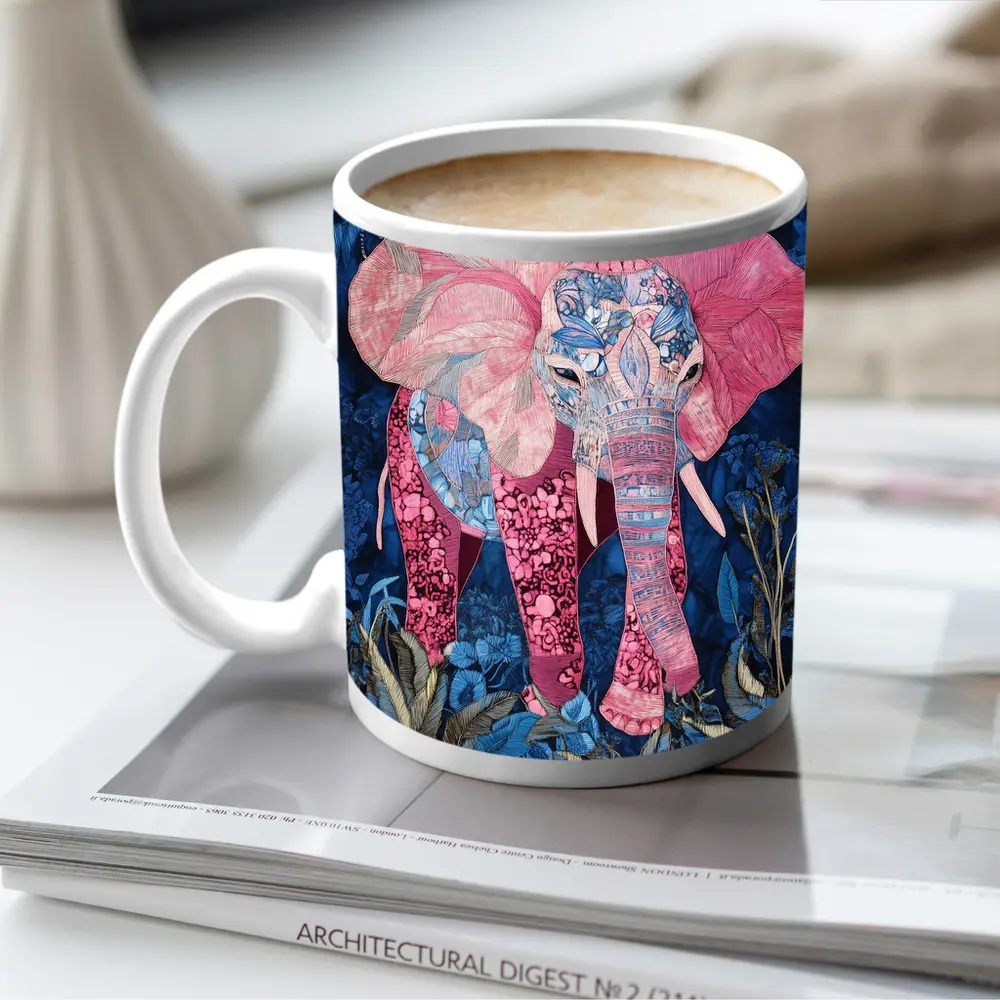 Pink Elephant Patchwork Art Blue Tropical Jungle – Mugs