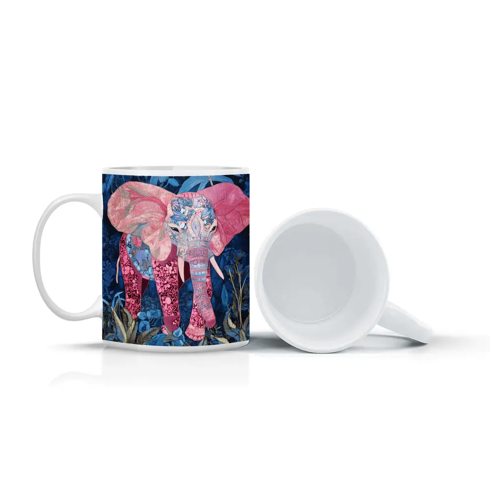 Pink Elephant Patchwork Art Blue Tropical Jungle – Mugs
