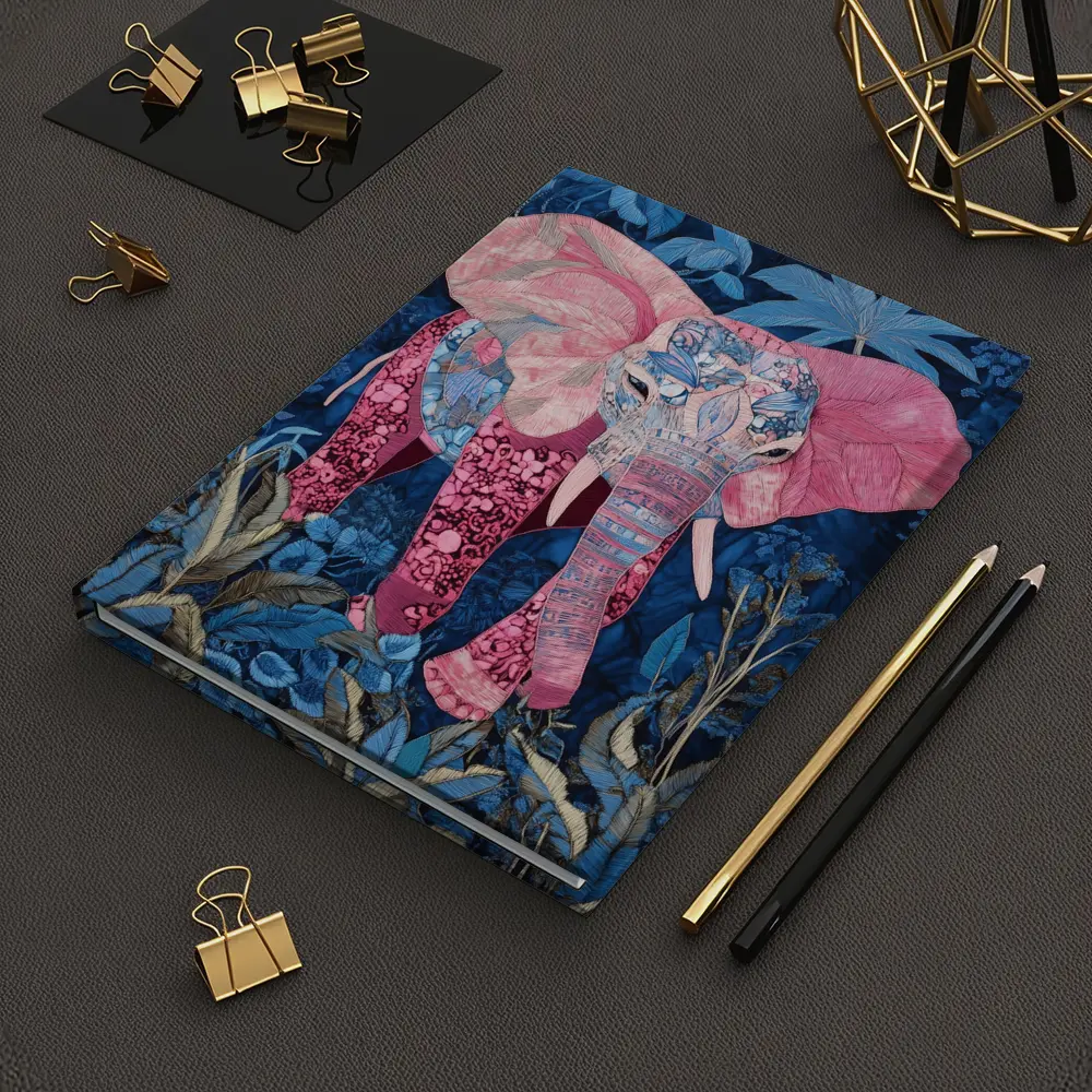Pink Elephant Patchwork Art Blue Tropical Jungle – Notebooks
