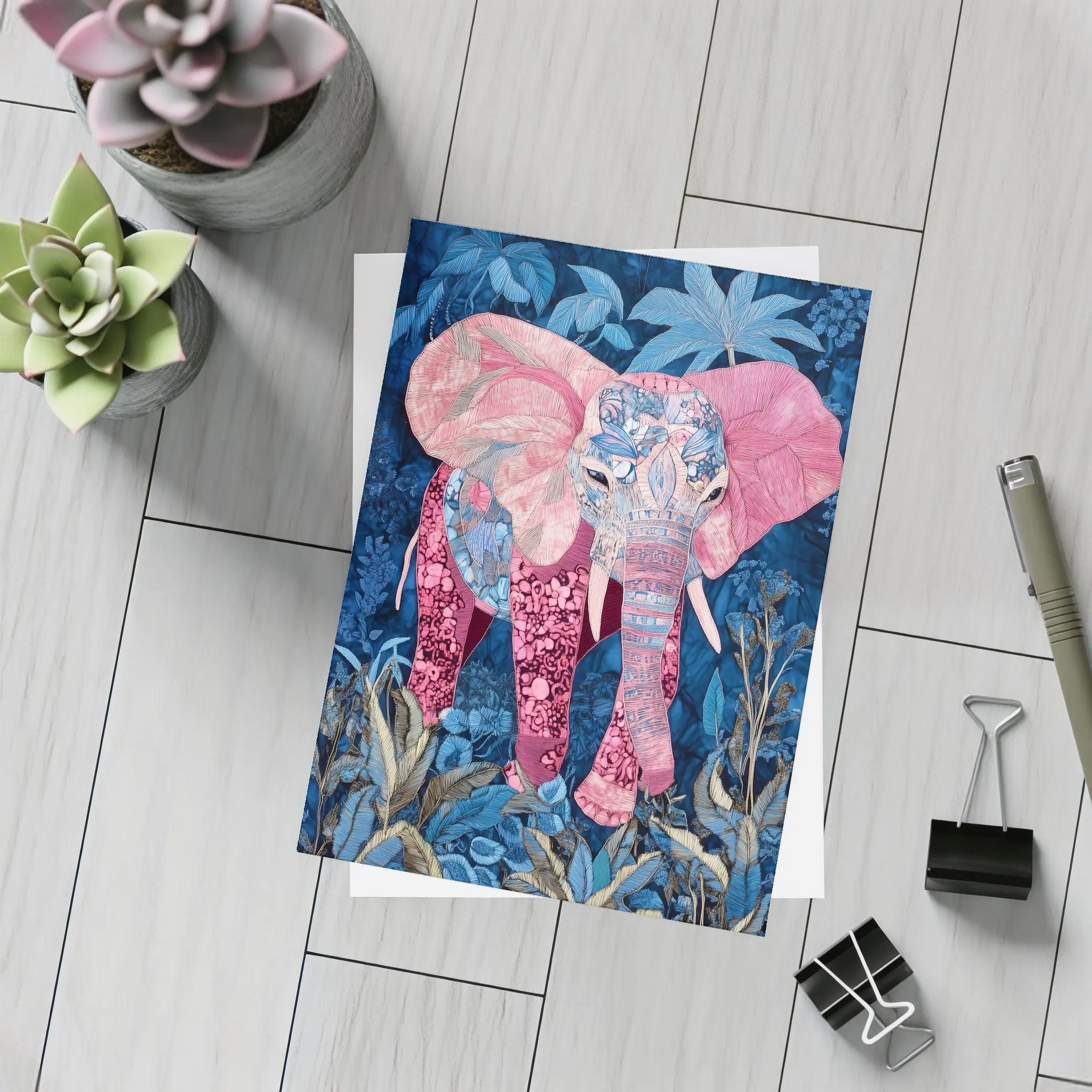 Pink Elephant Patchwork Art Blue Tropical Jungle – Postcards