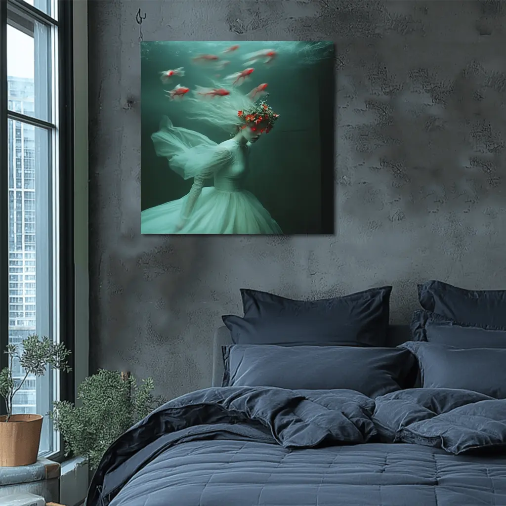 Woman Underwater White Dress Red Fish – Wall Art