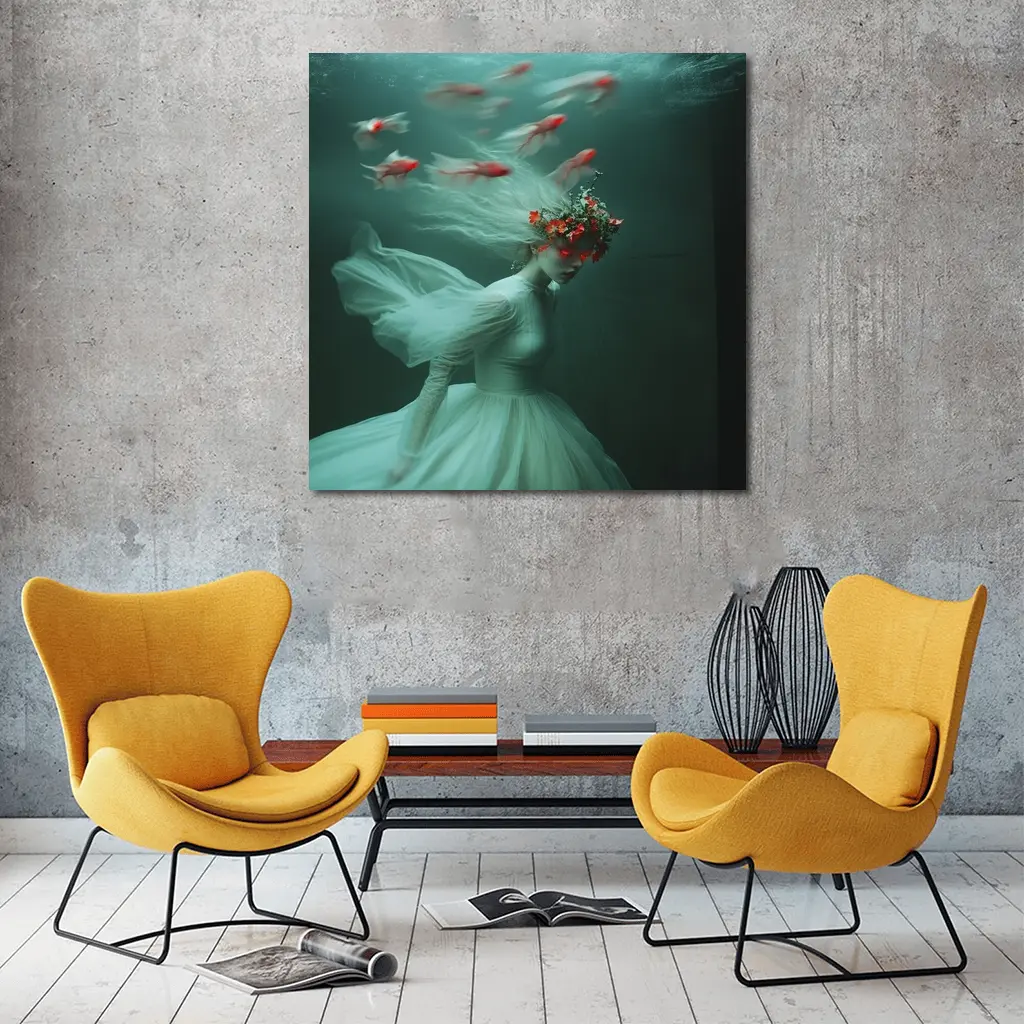 Woman Underwater White Dress Red Fish – Wall Art