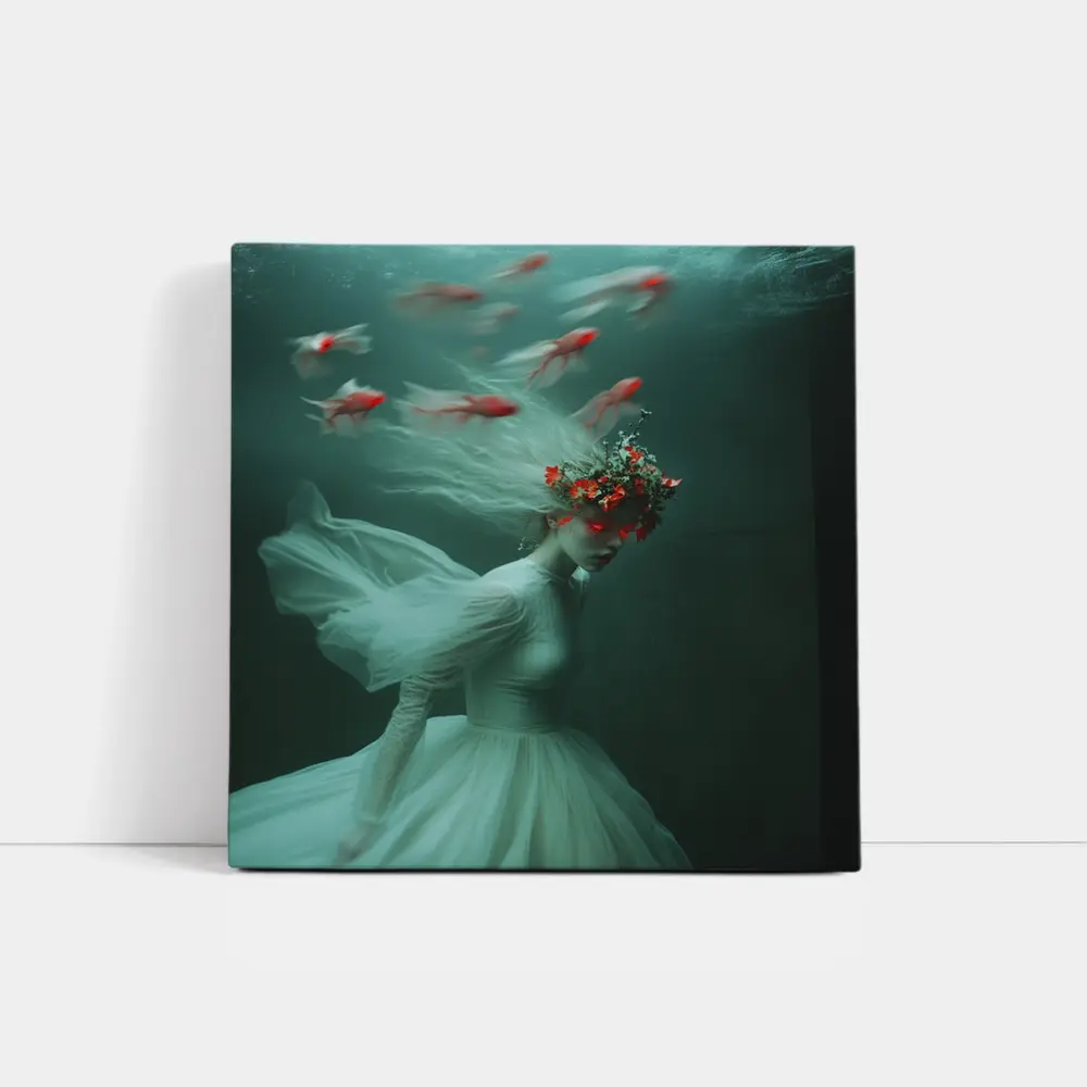 Woman Underwater White Dress Red Fish – Wall Art
