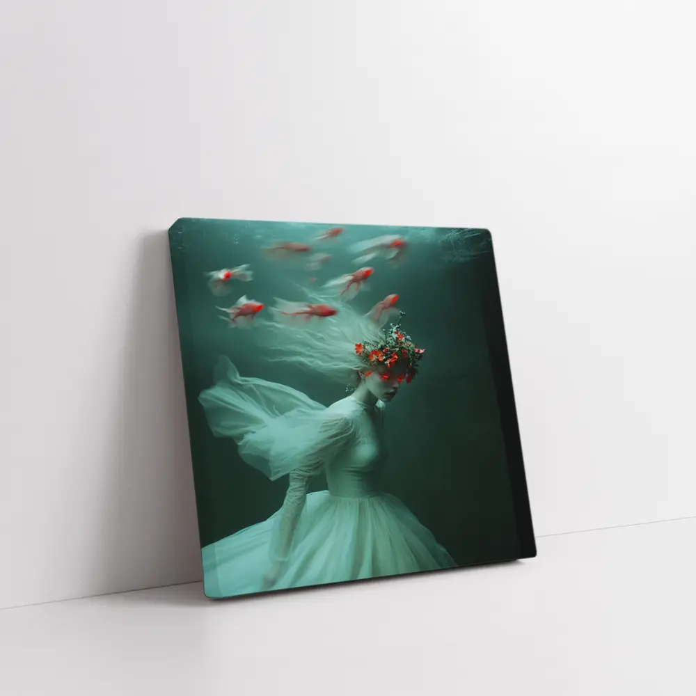 Woman Underwater White Dress Red Fish – Wall Art