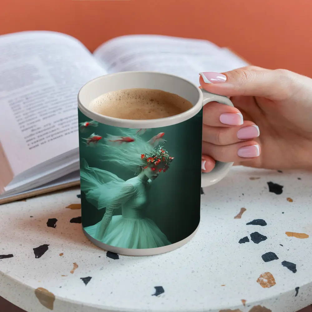 Woman Underwater White Dress Red Fish – Mugs