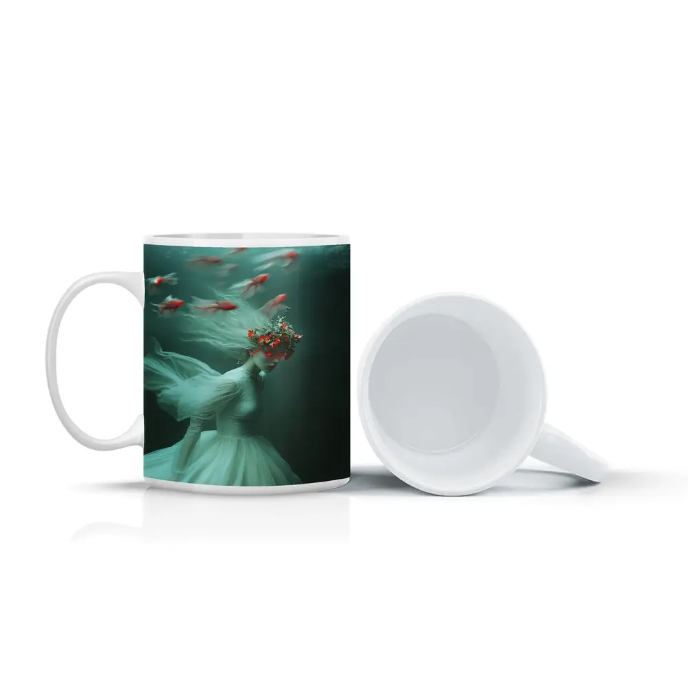 Woman Underwater White Dress Red Fish – Mugs
