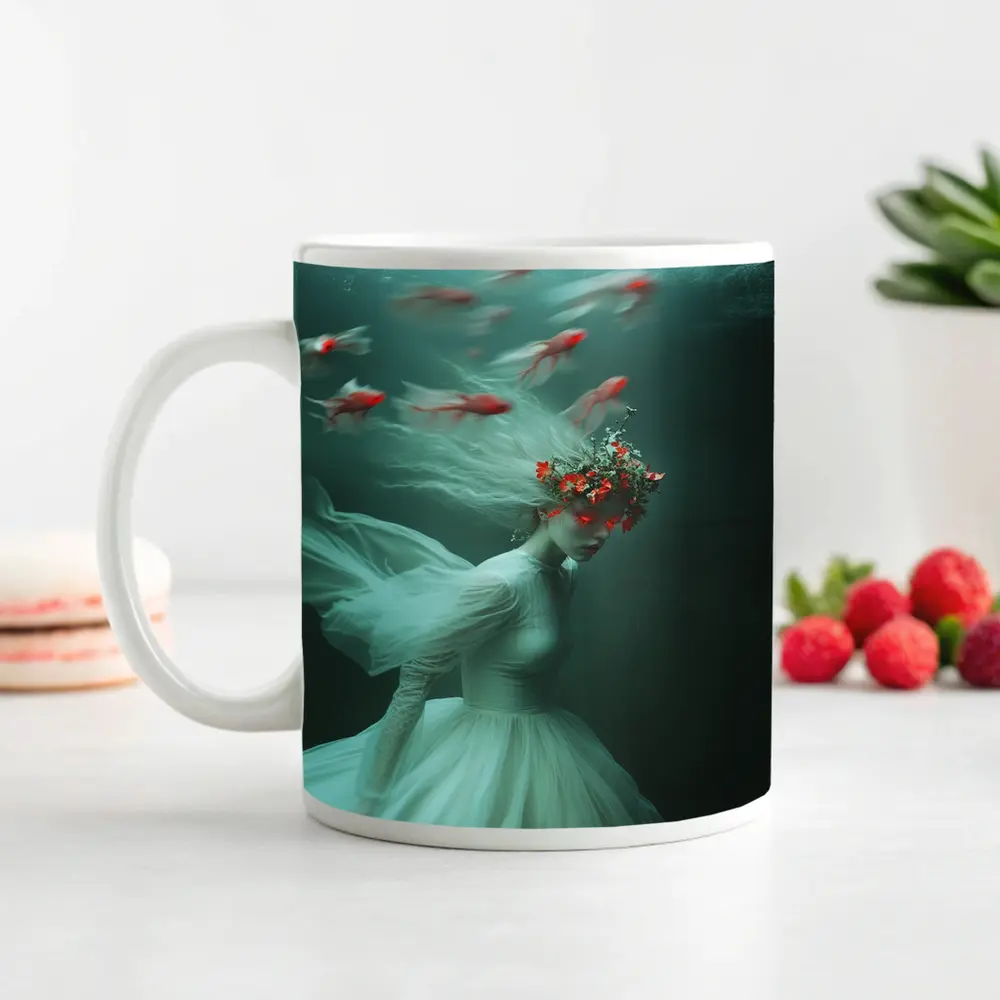 Woman Underwater White Dress Red Fish – Mugs