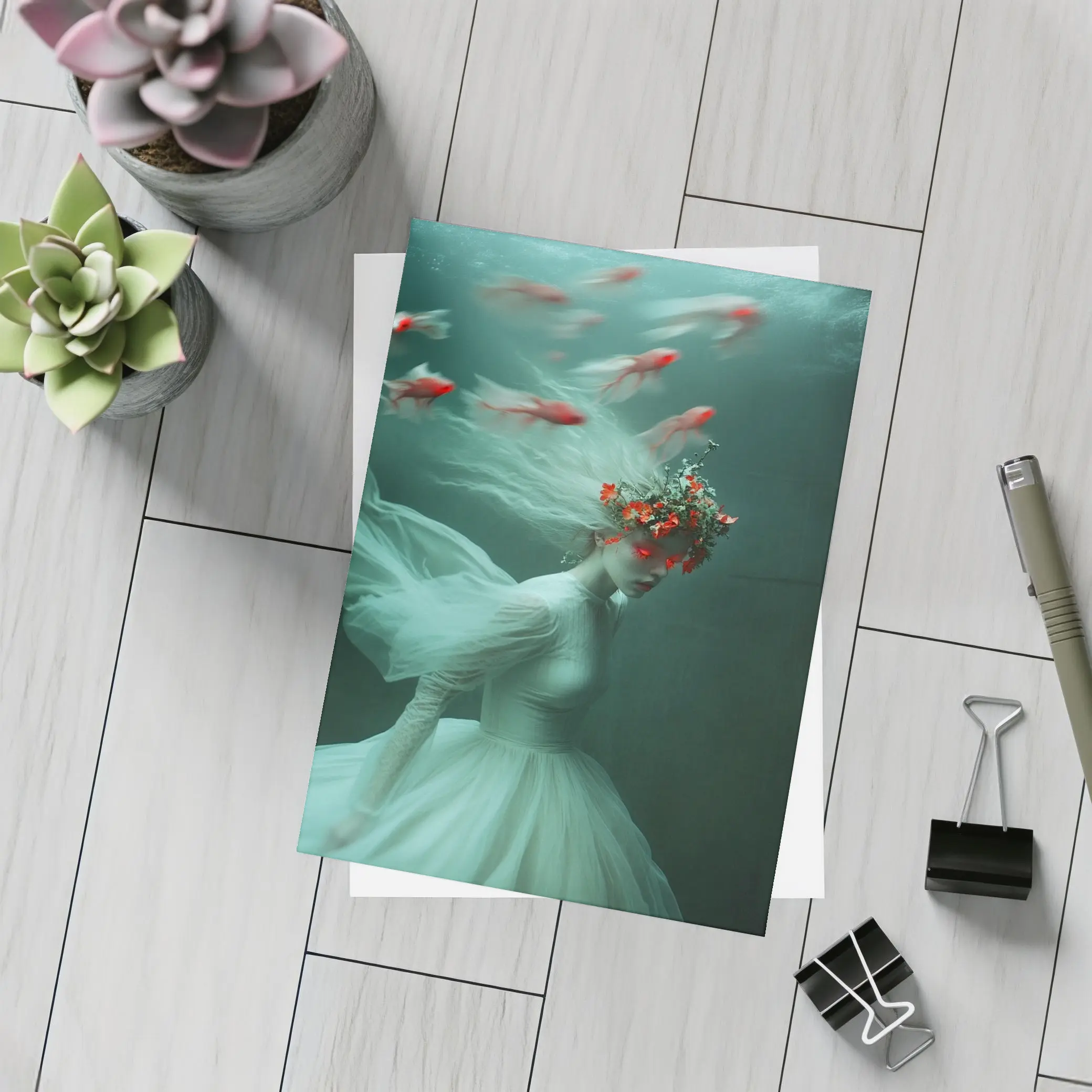 Woman Underwater White Dress Red Fish – Postcards
