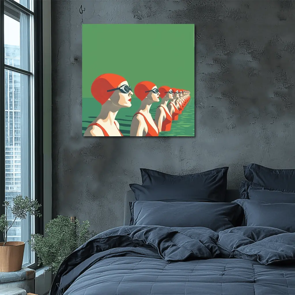 Retro Swimmers Red Caps Green Water – Wall Art