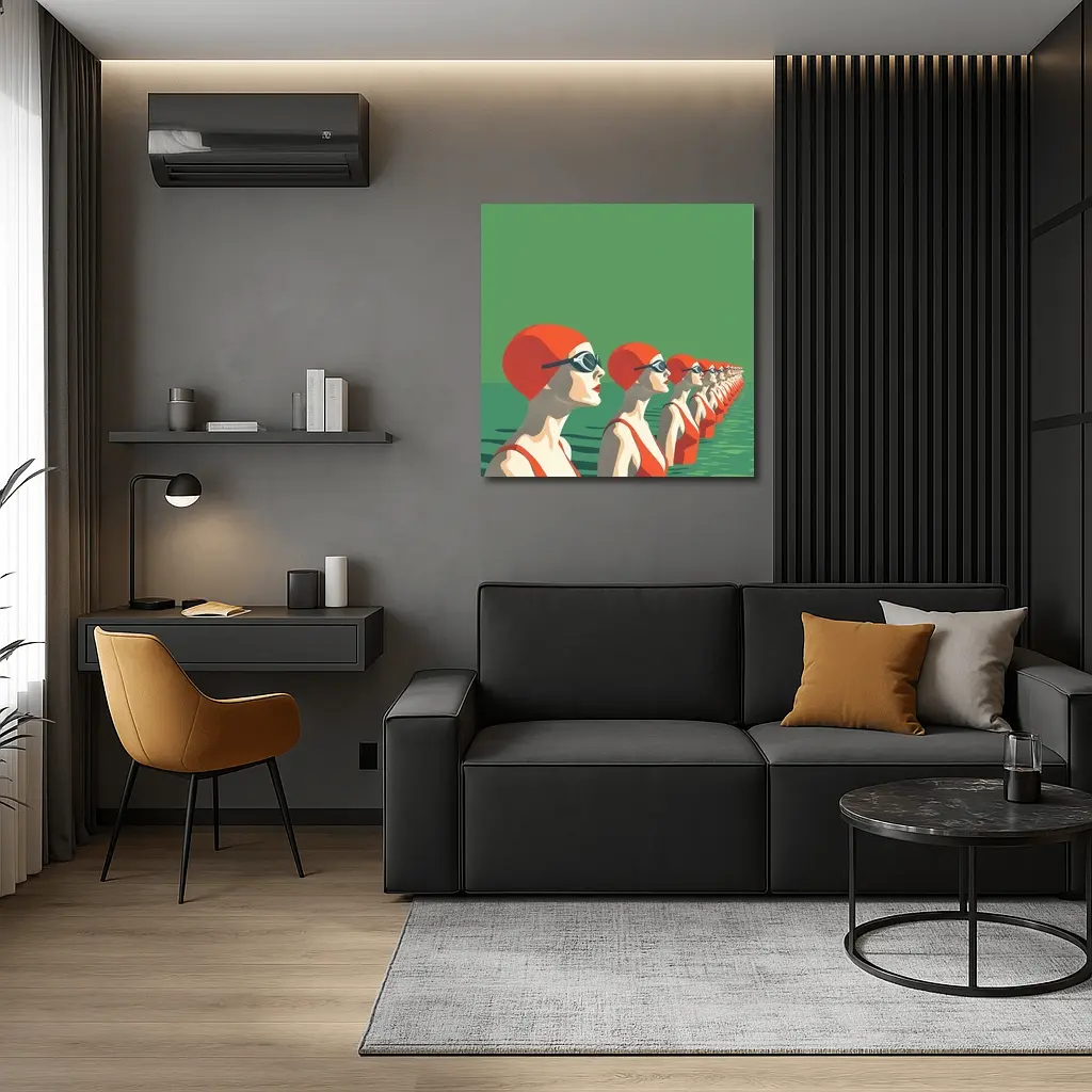 Retro Swimmers Red Caps Green Water – Wall Art