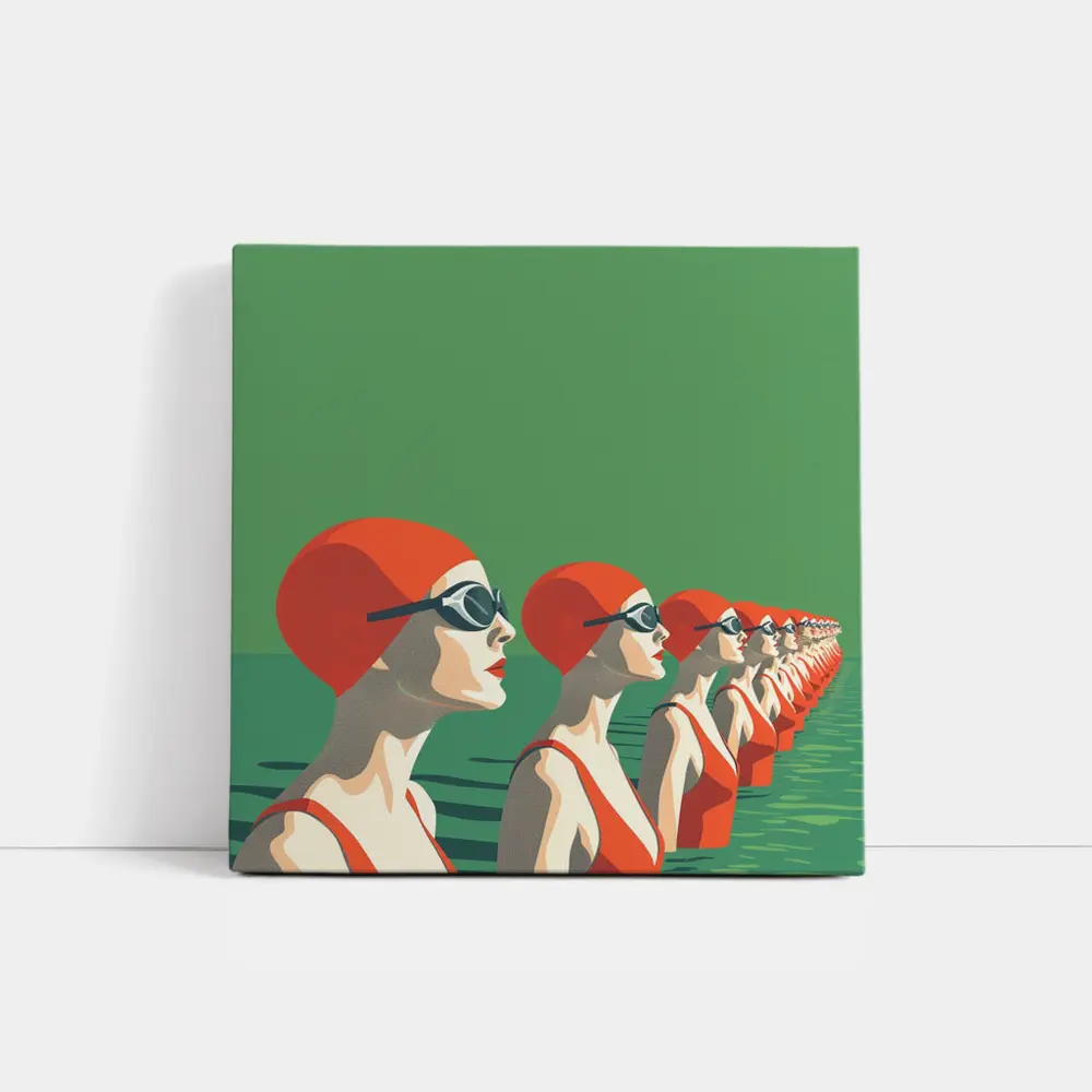 Retro Swimmers Red Caps Green Water – Wall Art