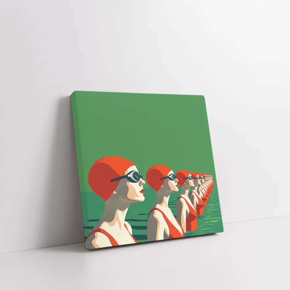 Retro Swimmers Red Caps Green Water – Wall Art