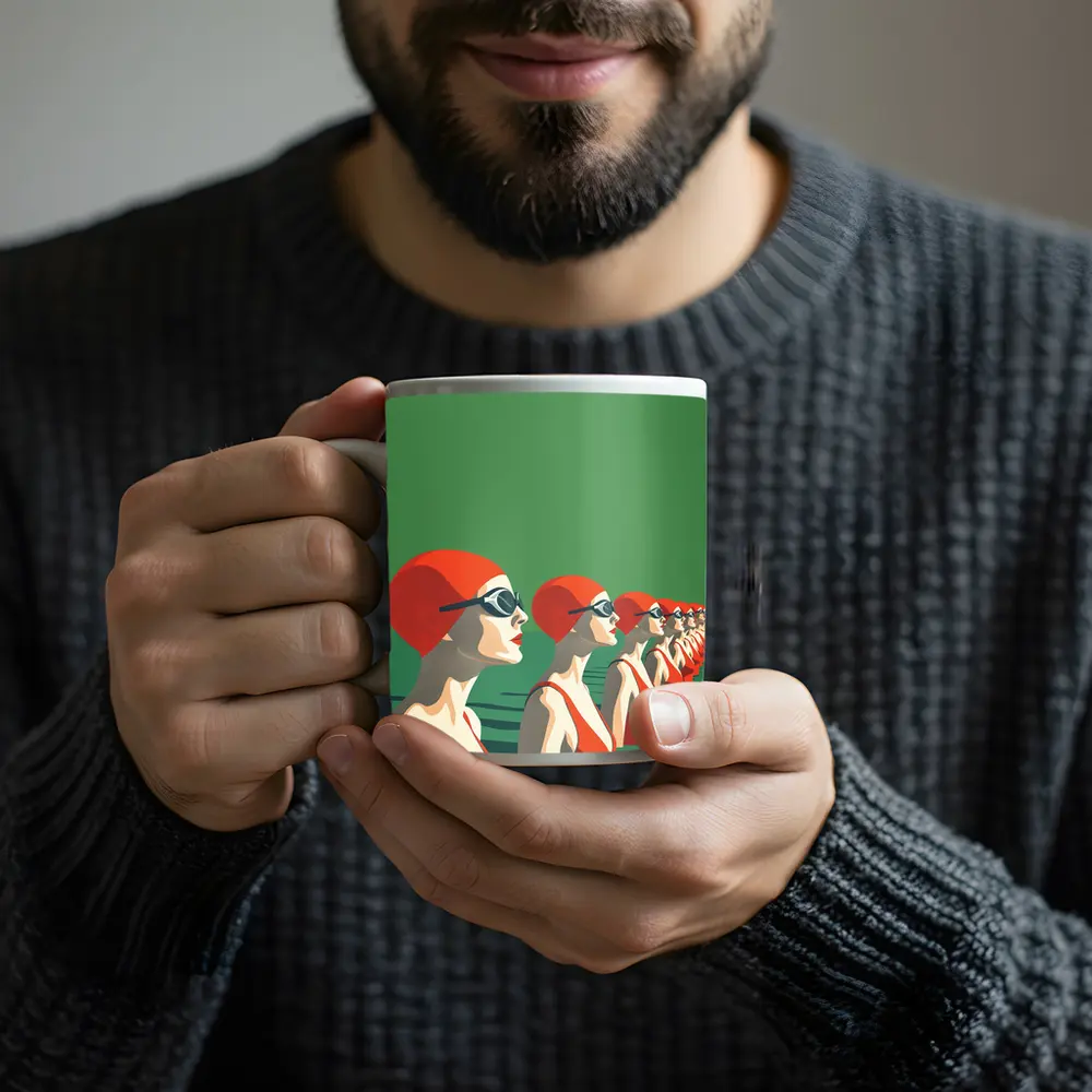 Retro Swimmers Red Caps Green Water – Mugs