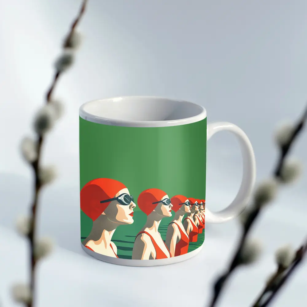 Retro Swimmers Red Caps Green Water – Mugs