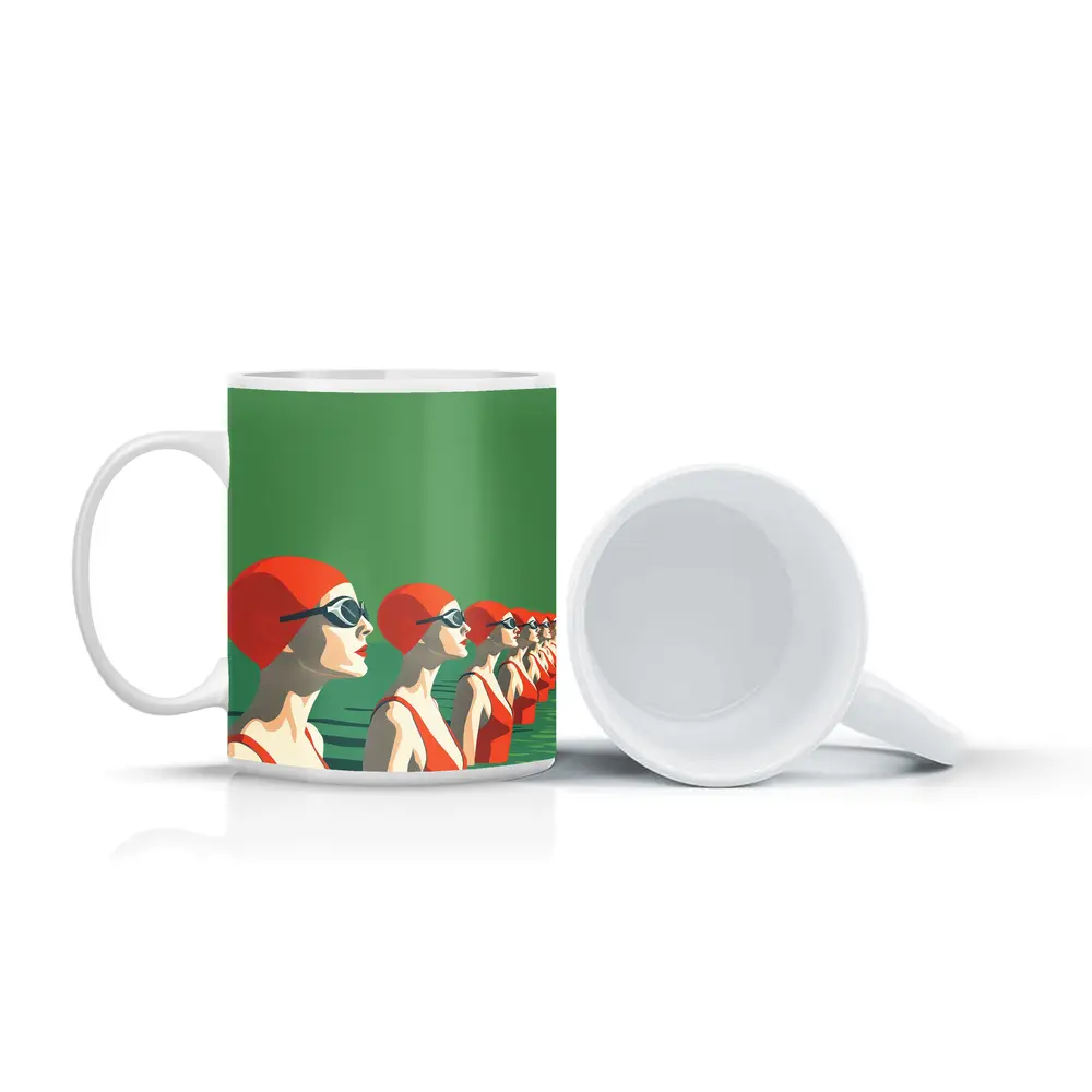 Retro Swimmers Red Caps Green Water – Mugs