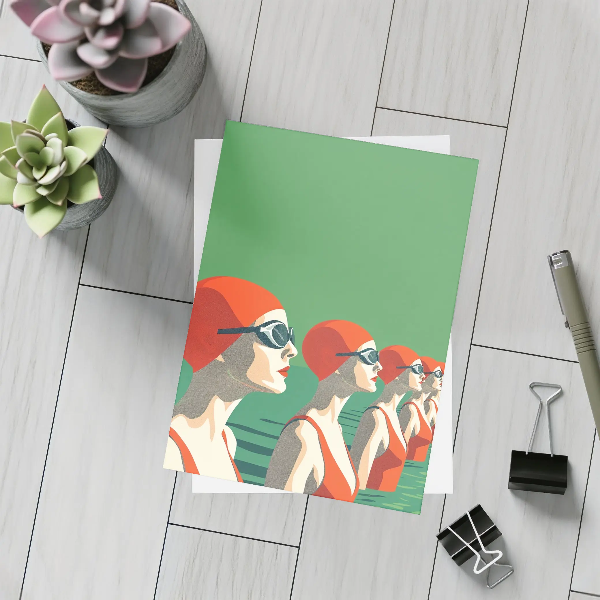 Retro Swimmers Red Caps Green Water – Postcards