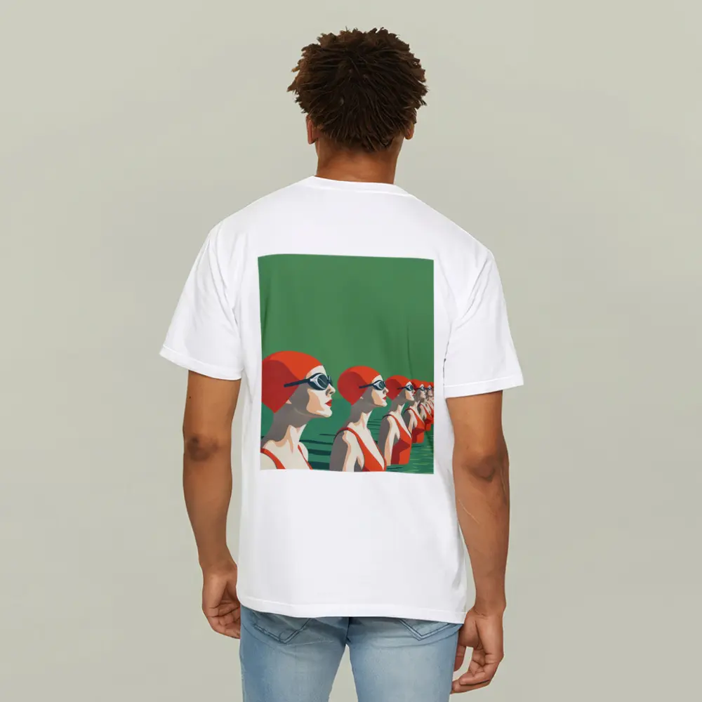 Retro Swimmers Red Caps Green Water – T-Shirts