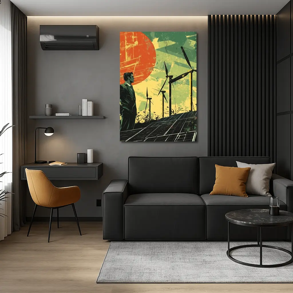 Man Surveying Wind Turbines Solar Panels Retro – Wall Art