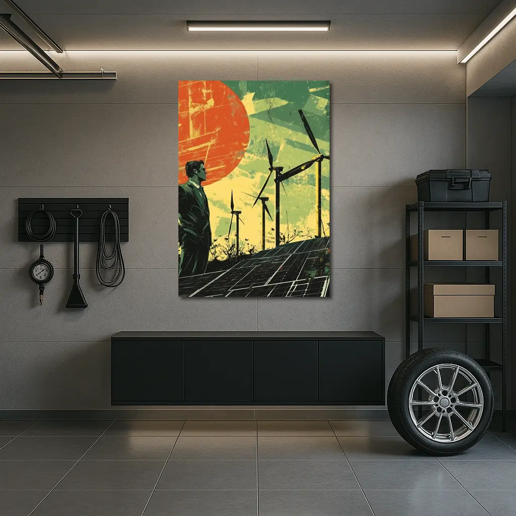 Man Surveying Wind Turbines Solar Panels Retro – Wall Art
