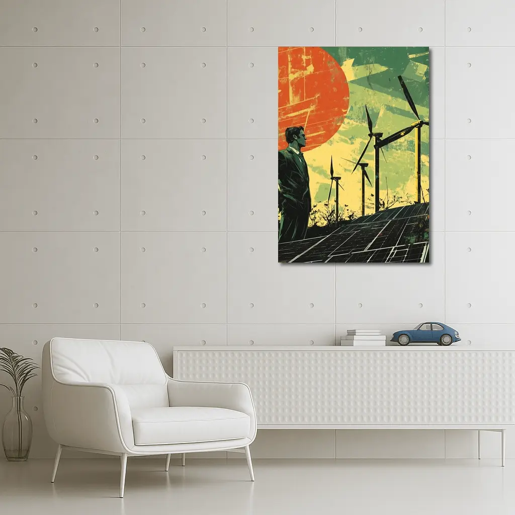 Man Surveying Wind Turbines Solar Panels Retro – Wall Art