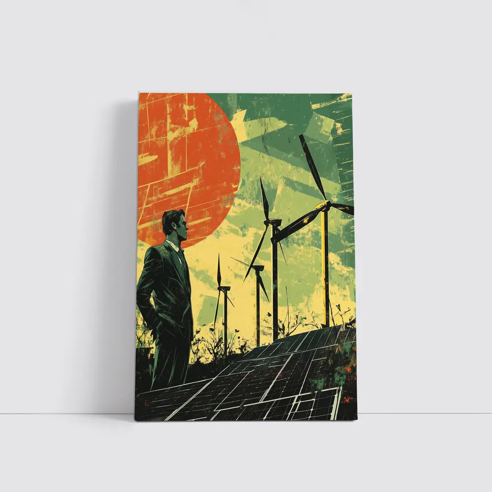 Man Surveying Wind Turbines Solar Panels Retro – Wall Art