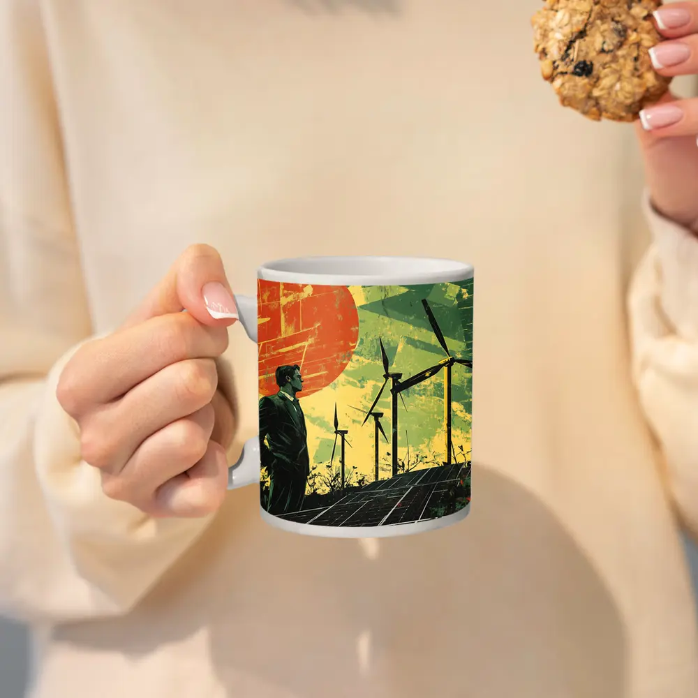 Man Surveying Wind Turbines Solar Panels Retro – Mugs