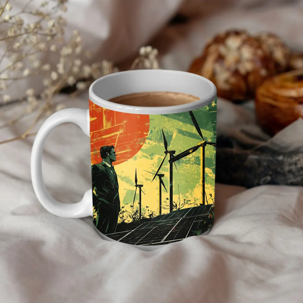 Man Surveying Wind Turbines Solar Panels Retro – Mugs