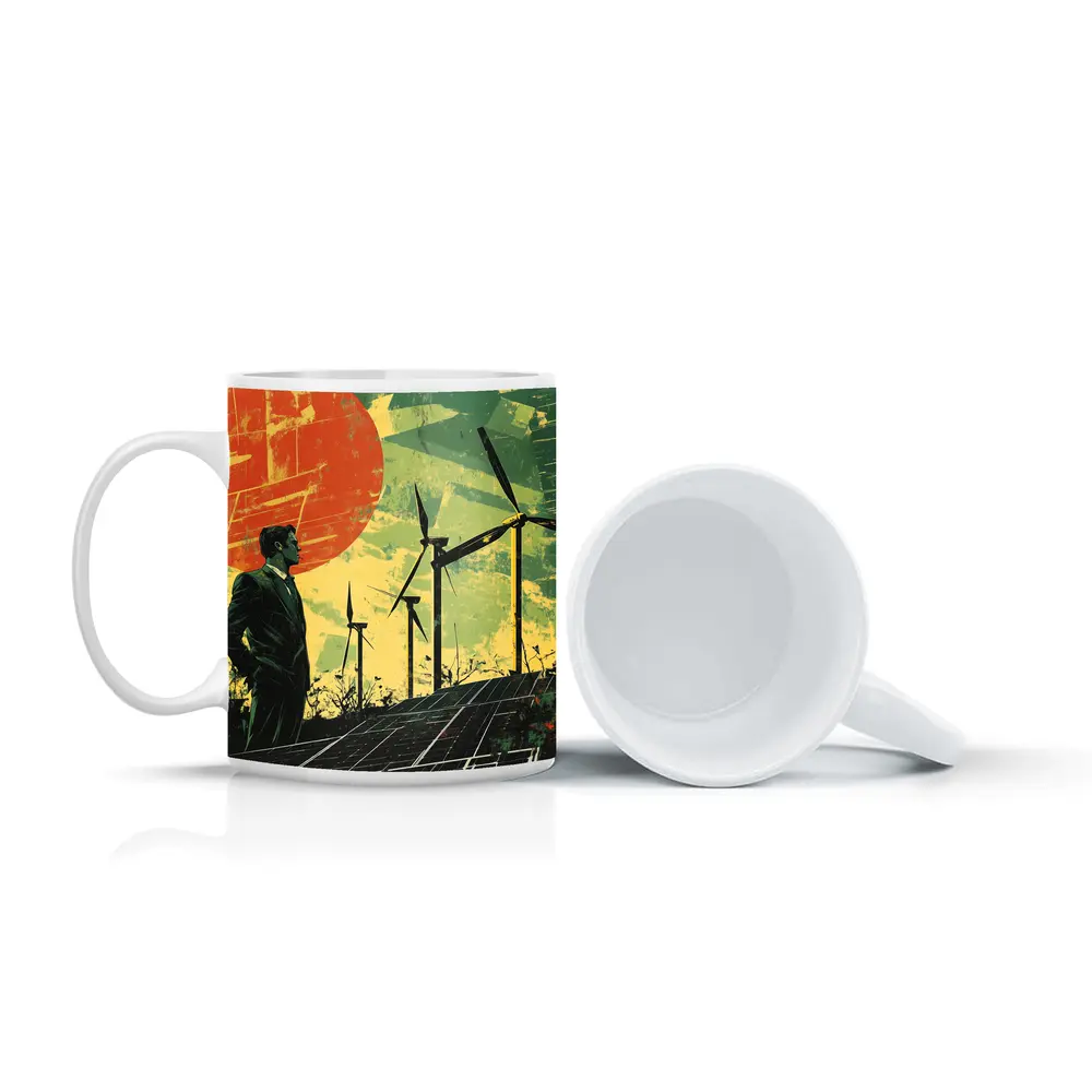 Man Surveying Wind Turbines Solar Panels Retro – Mugs