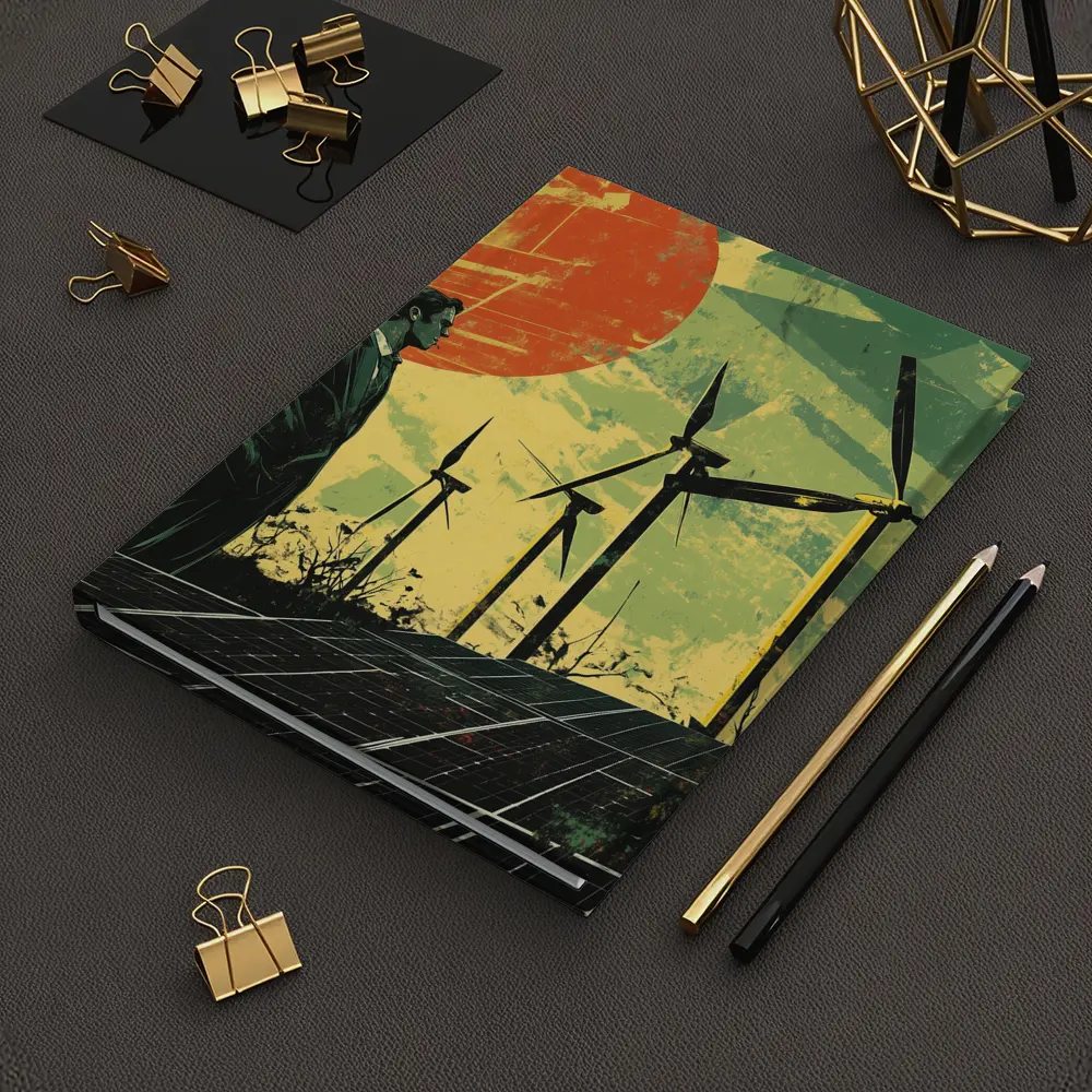 Man Surveying Wind Turbines Solar Panels Retro – Notebooks