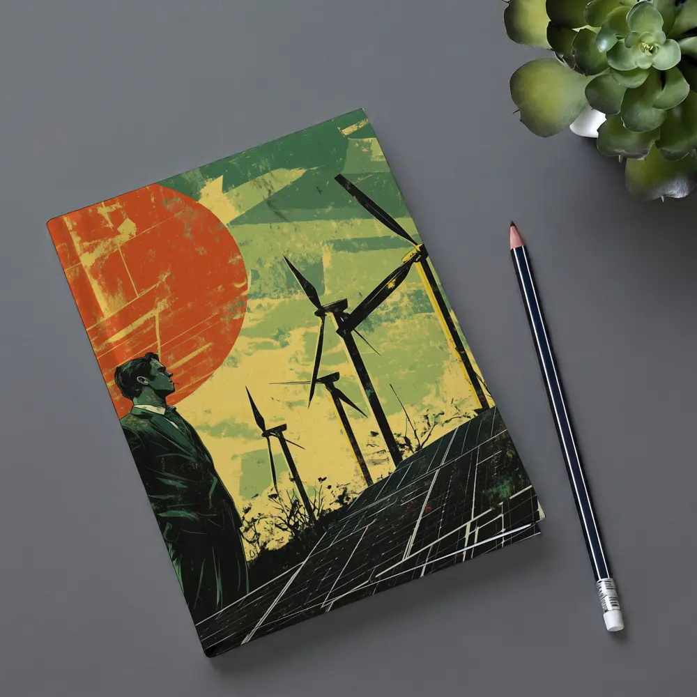 Man Surveying Wind Turbines Solar Panels Retro – Notebooks