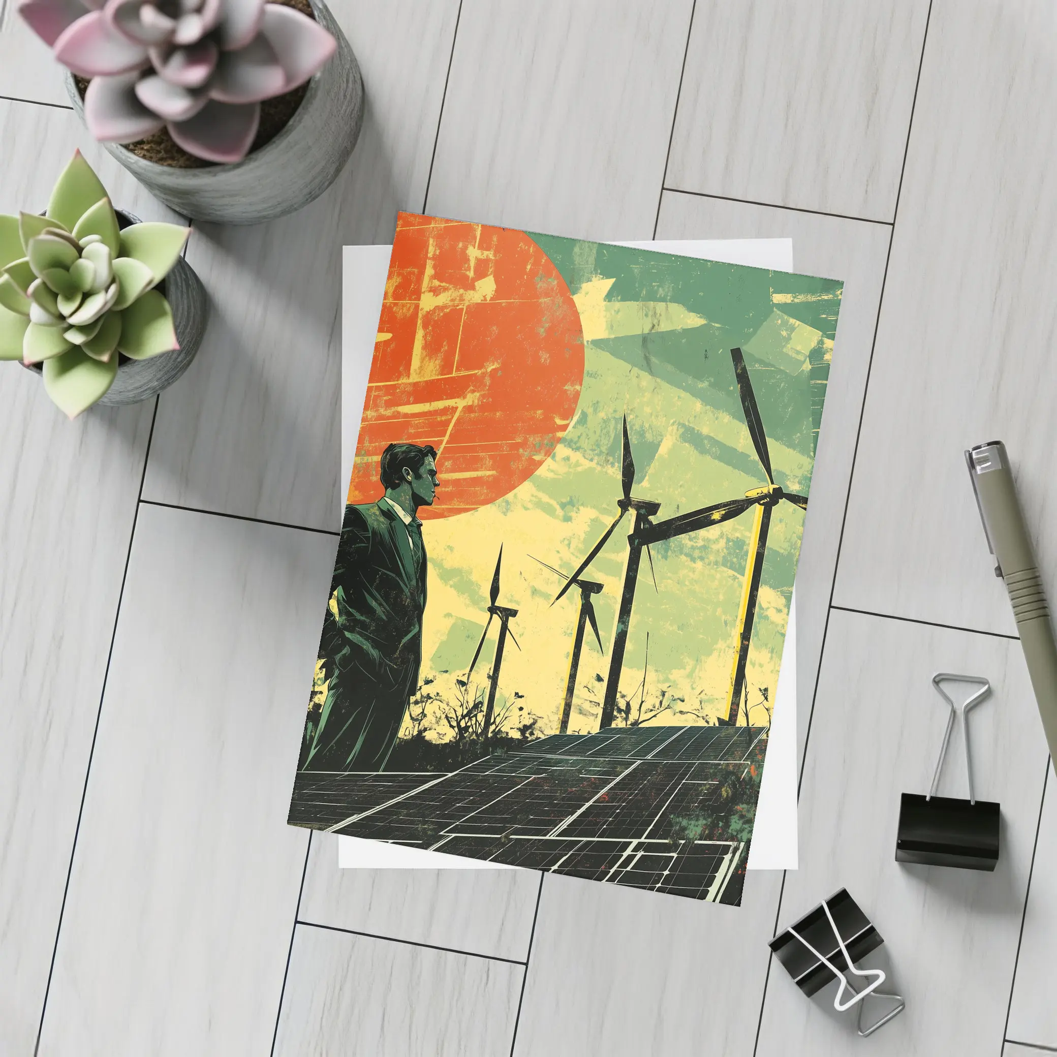 Man Surveying Wind Turbines Solar Panels Retro – Postcards