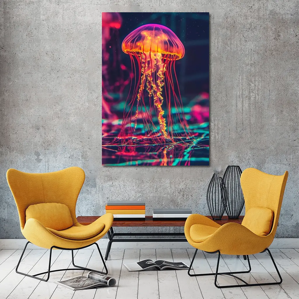 Neon Jellyfish Glowing Dark Cyberpunk Ocean – Wall Art