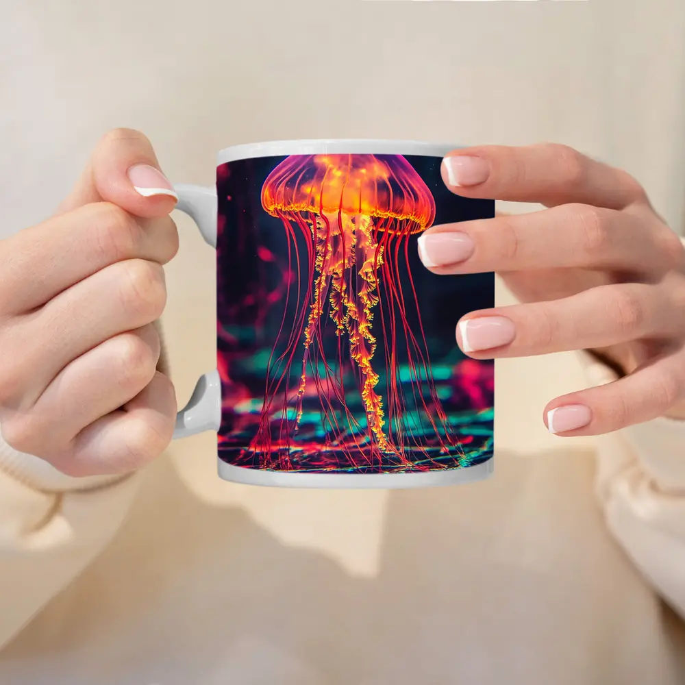 Neon Jellyfish Glowing Dark Cyberpunk Ocean – Mugs