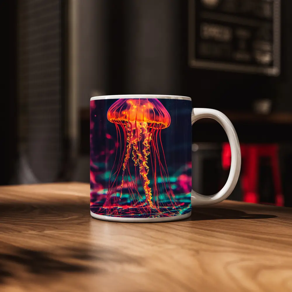 Neon Jellyfish Glowing Dark Cyberpunk Ocean – Mugs