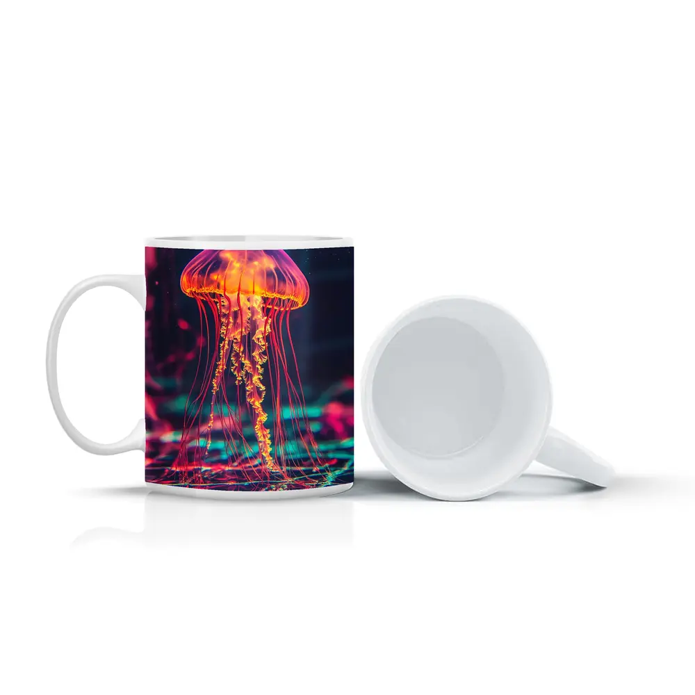 Neon Jellyfish Glowing Dark Cyberpunk Ocean – Mugs