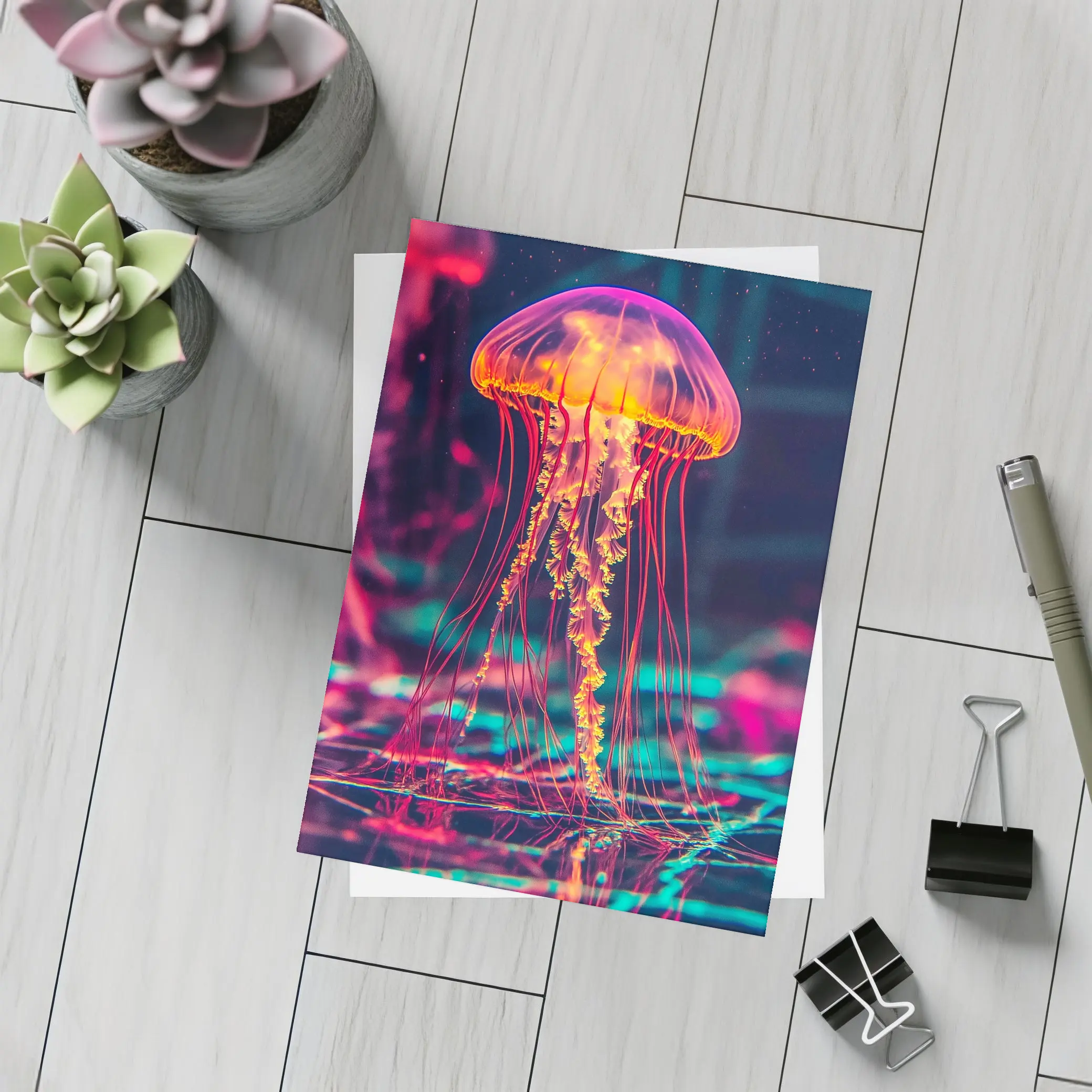 Neon Jellyfish Glowing Dark Cyberpunk Ocean – Postcards