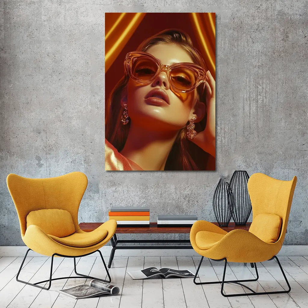 Woman Orange Cat Eye Sunglasses Gold Backdrop – Wall Art