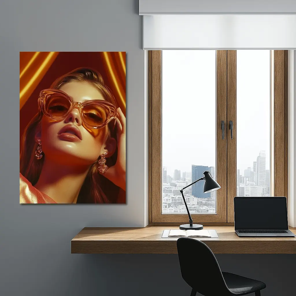 Woman Orange Cat Eye Sunglasses Gold Backdrop – Wall Art