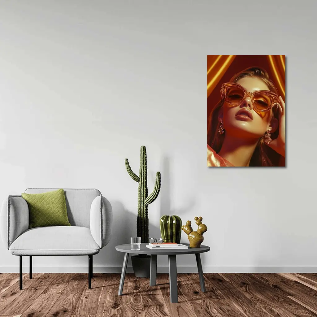 Woman Orange Cat Eye Sunglasses Gold Backdrop – Wall Art