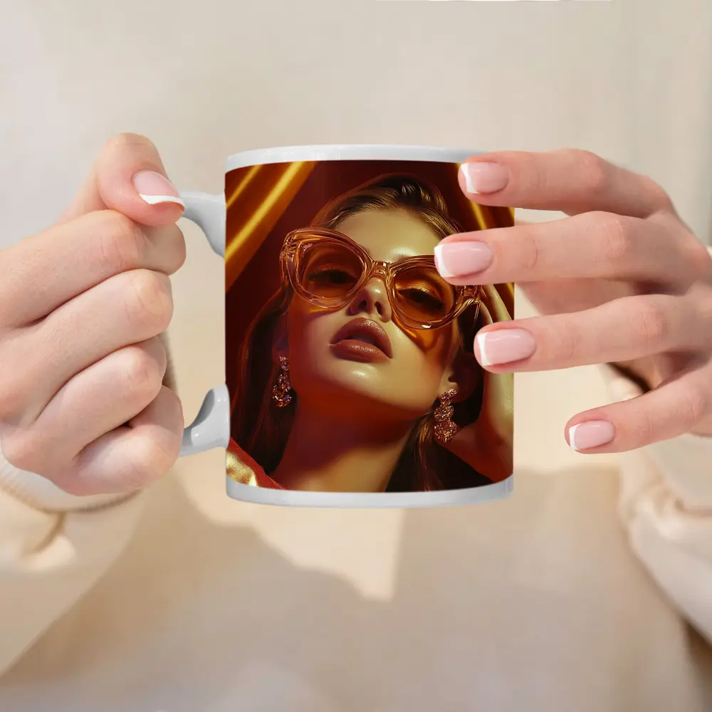 Woman Orange Cat Eye Sunglasses Gold Backdrop – Mugs