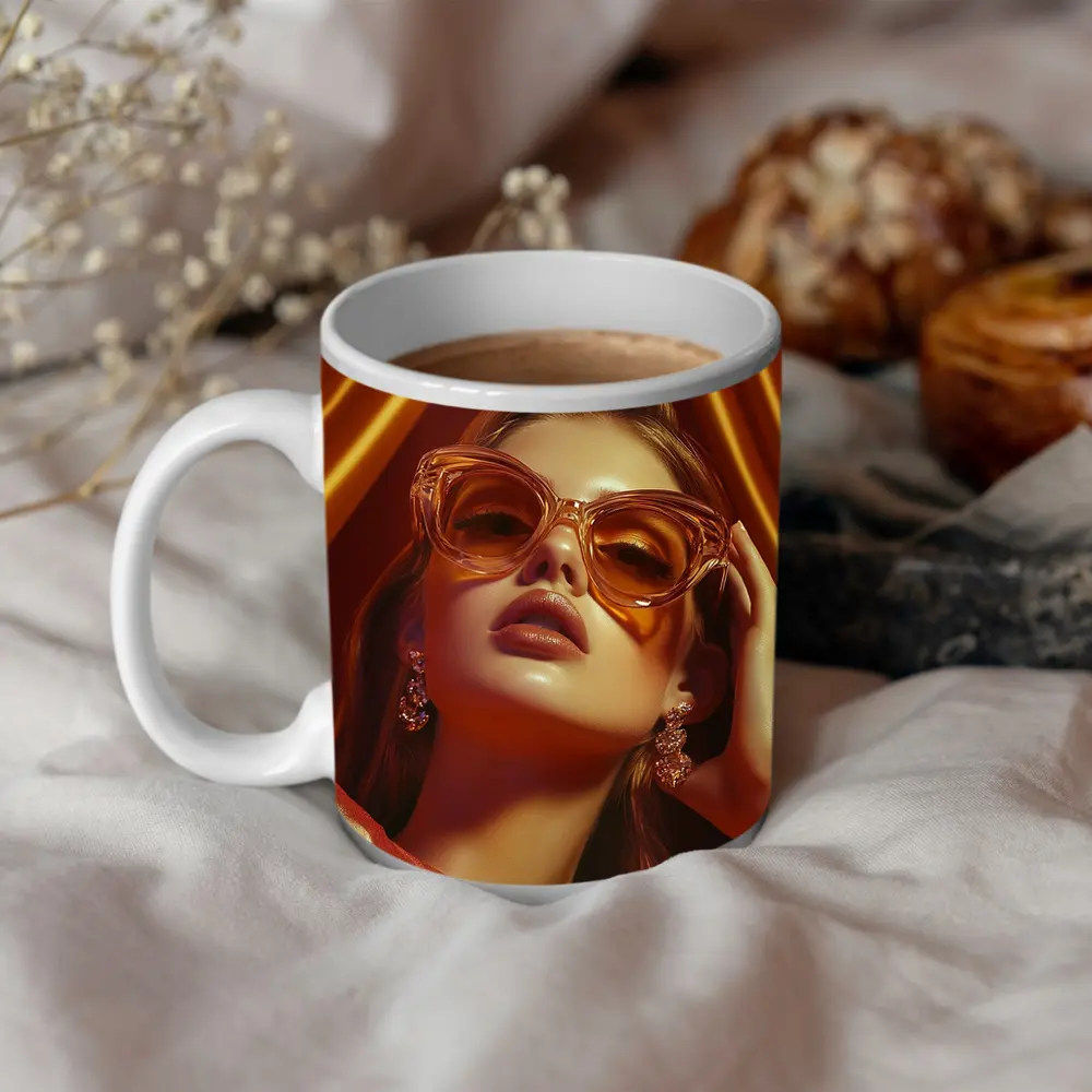 Woman Orange Cat Eye Sunglasses Gold Backdrop – Mugs