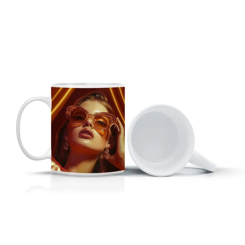 Woman Orange Cat Eye Sunglasses Gold Backdrop – Mugs